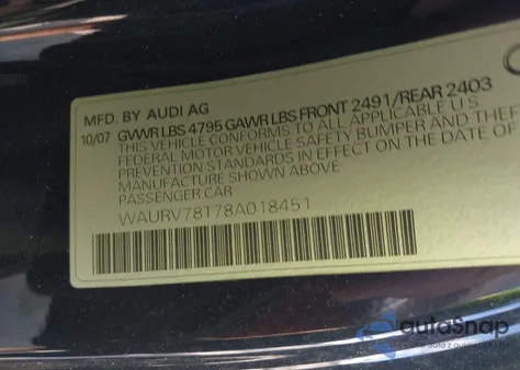 2008 Audi S5 4.2L z USA, uszkodzony, nr VIN WAURV78T78A018451